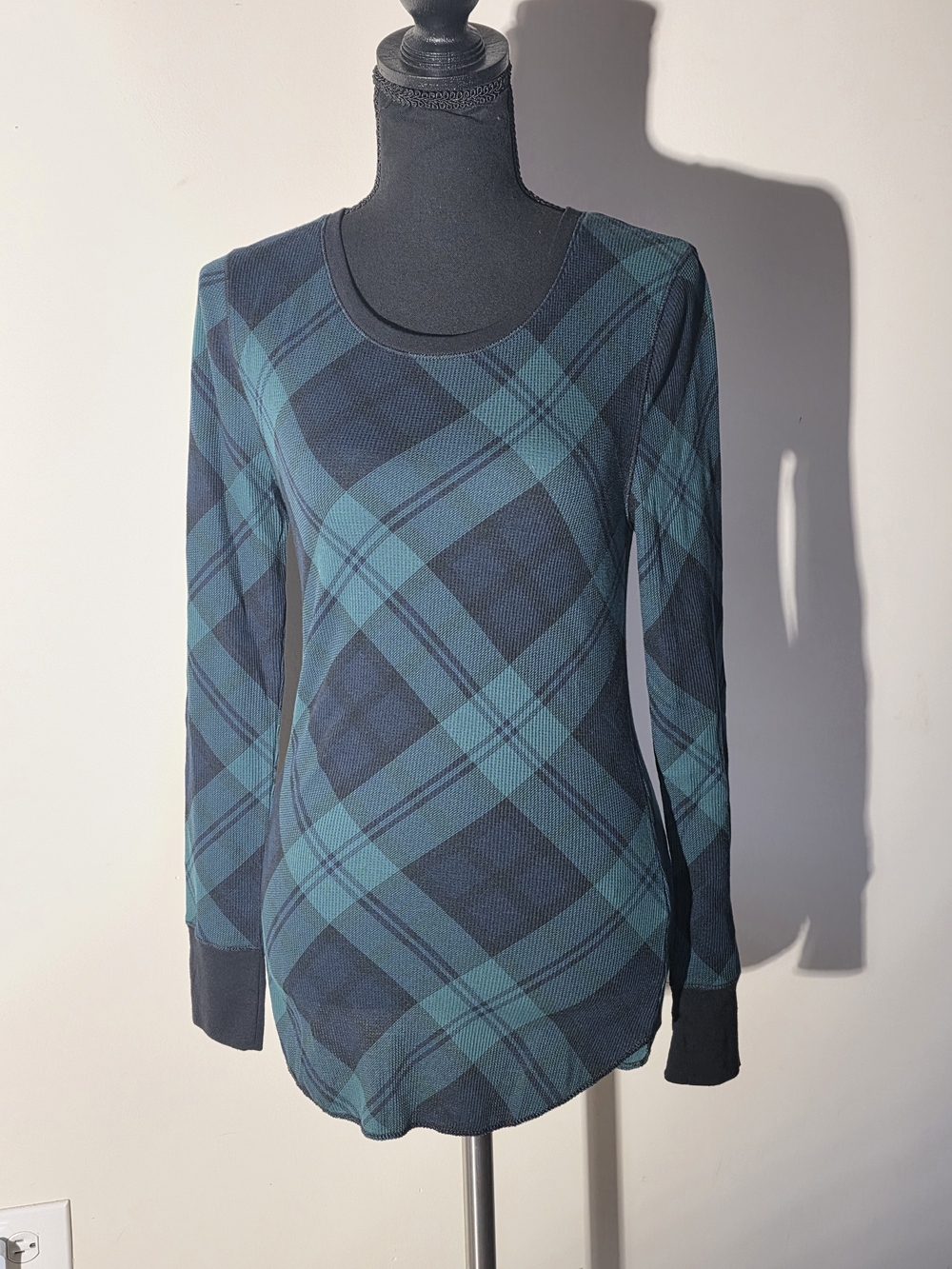 Old Navy Teal and Navy Plaid Long Sleeve Tee (M)